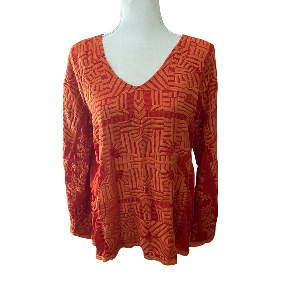 Johnny Was Orange Embroidery peasant blouse sz XS Vneck long sleeve eyelet lace - Picture 4 of 16